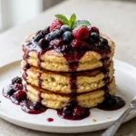 High-protein cottage cheese pancakes topped with berry syrup swirl