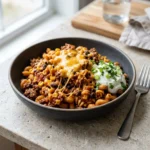 High protein taco pasta dish with beef, cheese, and spices