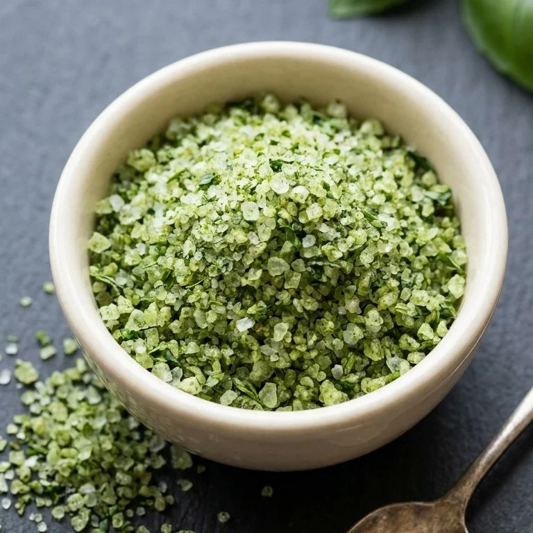 Homemade basil salt recipe with fresh herbs in a bowl