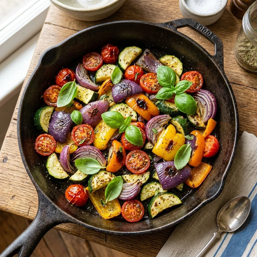 Colorful Mediterranean roasted vegetables served in a bowl