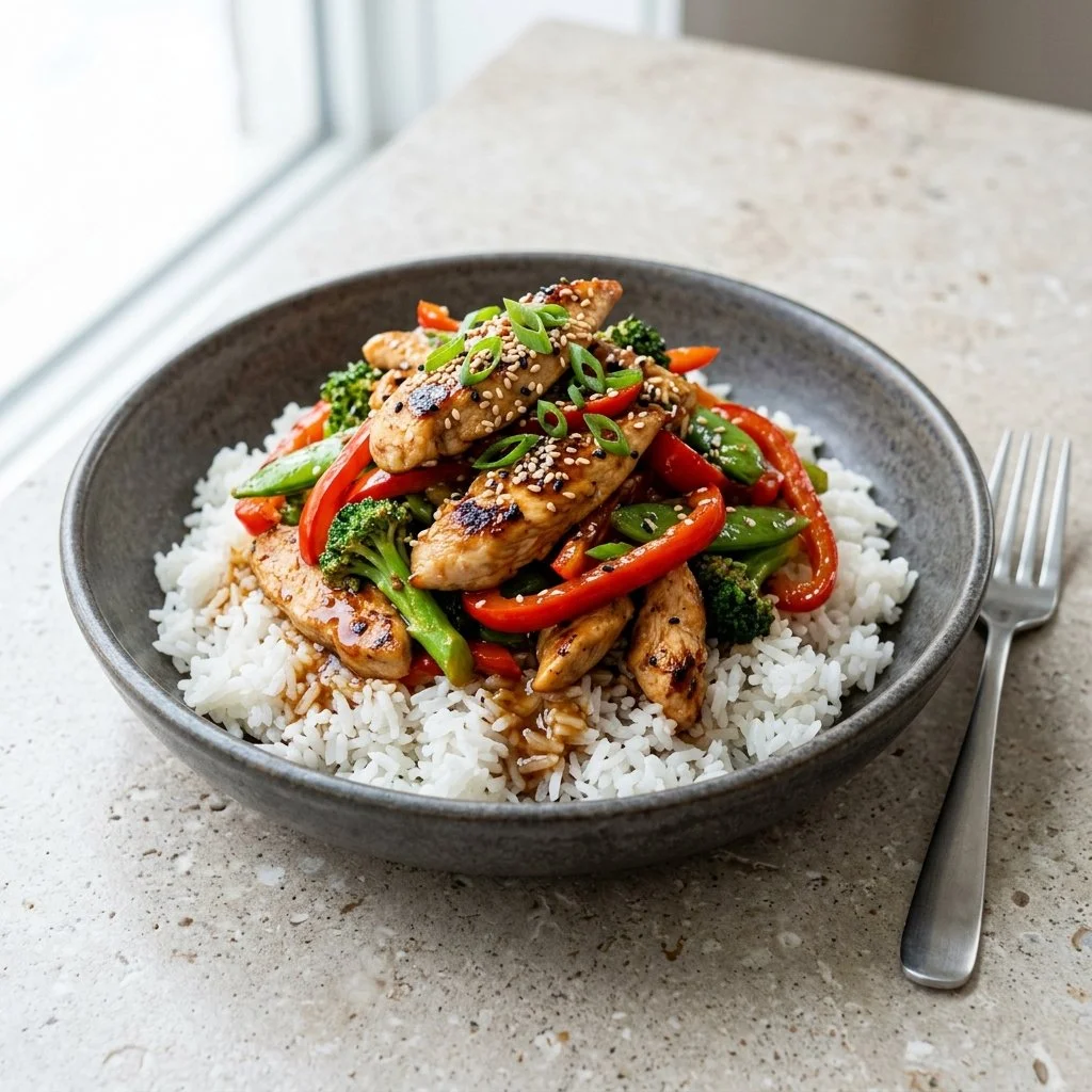 One Pan Chicken Stir Fry with colorful vegetables and chicken in a skillet