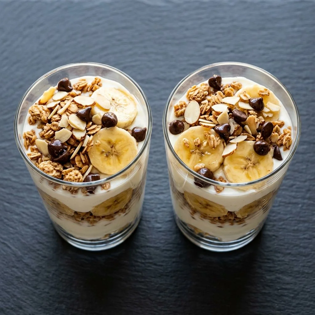 Protein Banana Pudding Yogurt Parfait with fresh bananas and yogurt layers