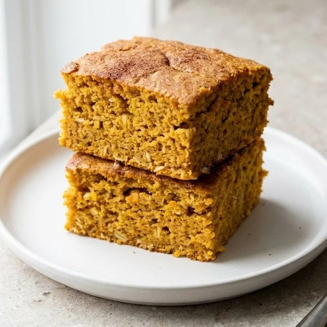 Bowl of pumpkin baked oatmeal topped with nuts and spices