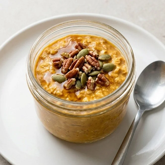 Healthy pumpkin overnight oats with high protein served in a bowl
