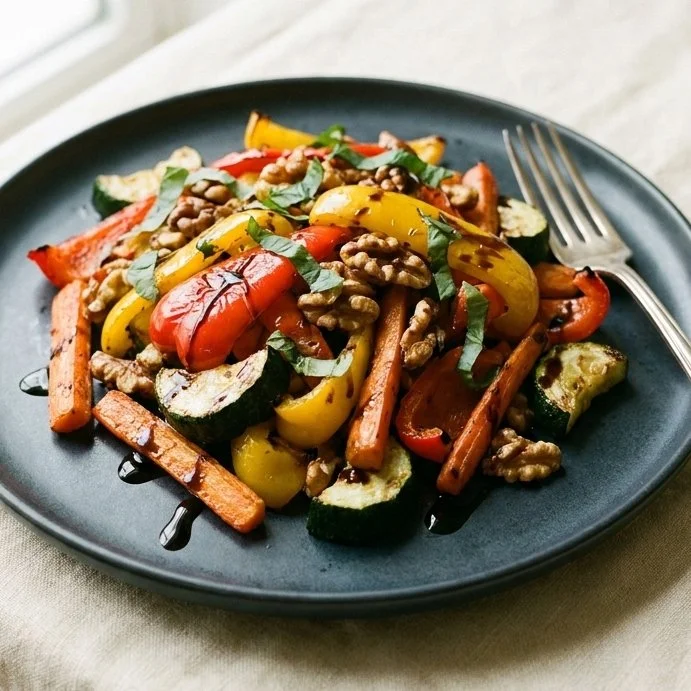 Plate of roasted vegetables with walnuts, basil, and balsamic vinaigrette