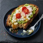 Avocado toast topped with cottage cheese, fresh and healthy breakfast option