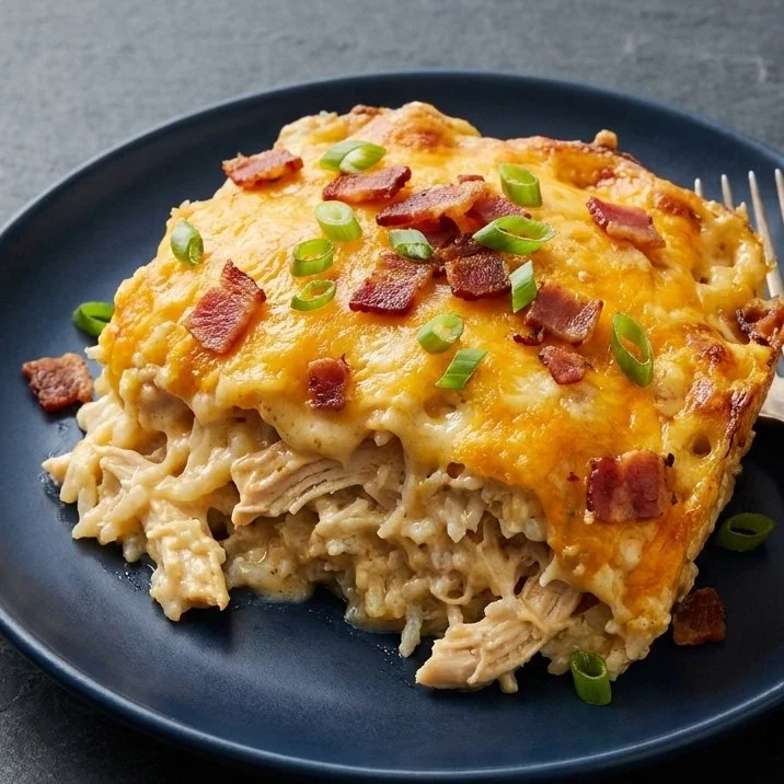A creamy Chicken Bacon Ranch Casserole with rice and crispy bacon, topped with cheese.