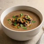 Bowl of creamy Cottage Cheese Mushroom Soup garnished with herbs