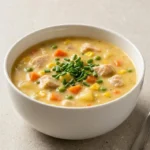 Bowl of creamy high protein potato soup topped with chicken and herbs