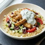 High-protein chicken gyros bowl with fresh vegetables and tzatziki sauce