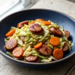 Easy sausage and cabbage stir fry dish cooked in a skillet