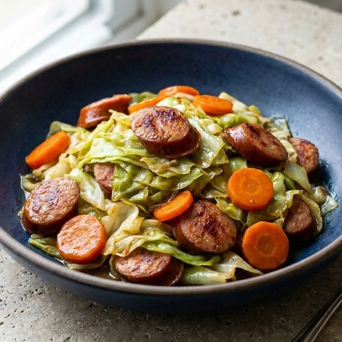Easy sausage and cabbage stir fry dish cooked in a skillet