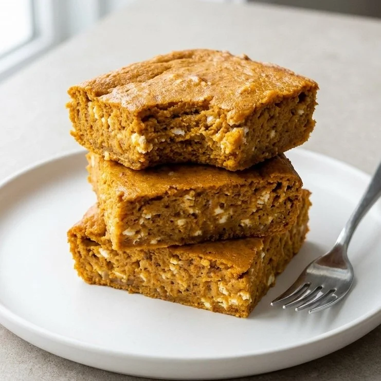 Delicious gluten free cottage cheese pumpkin pie bars on a plate
