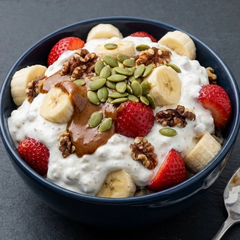 High protein banana pudding bowl topped with fresh bananas and whipped cream.