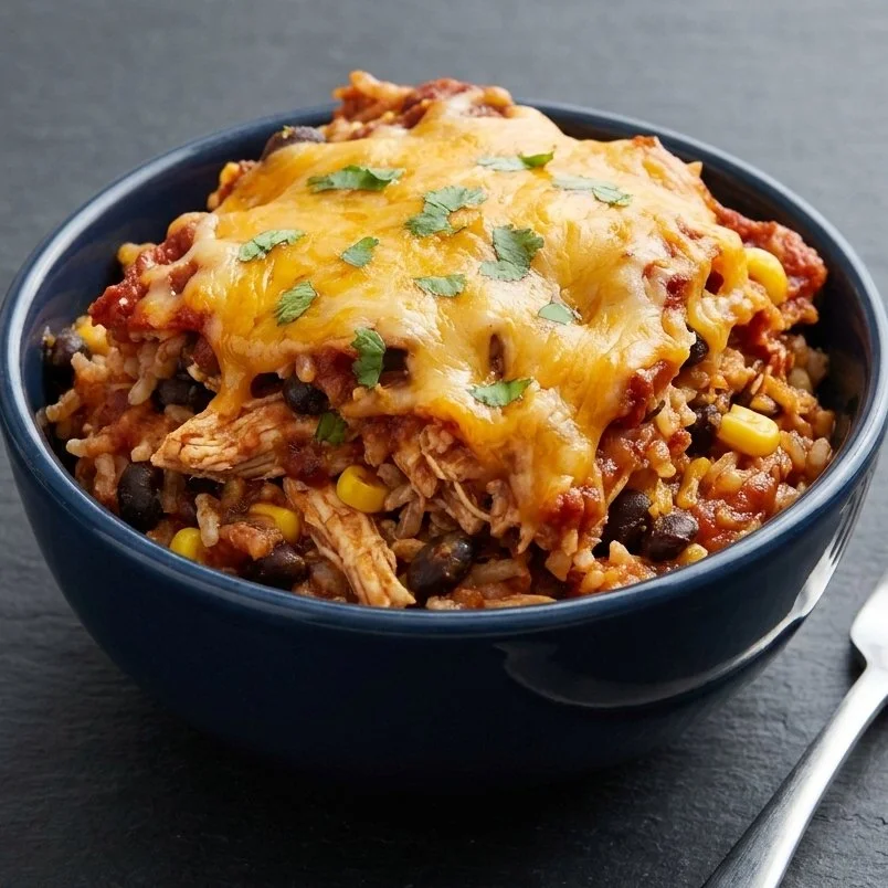 High-protein chicken enchilada bowl with cottage cheese and vegetables