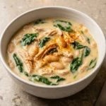 High protein chicken soup with white beans, spinach, and Greek yogurt in a bowl.