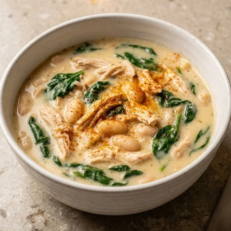 High protein chicken soup with white beans, spinach, and Greek yogurt in a bowl.