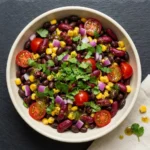 High Protein Cilantro Lime Bean Salad with colorful beans and fresh cilantro