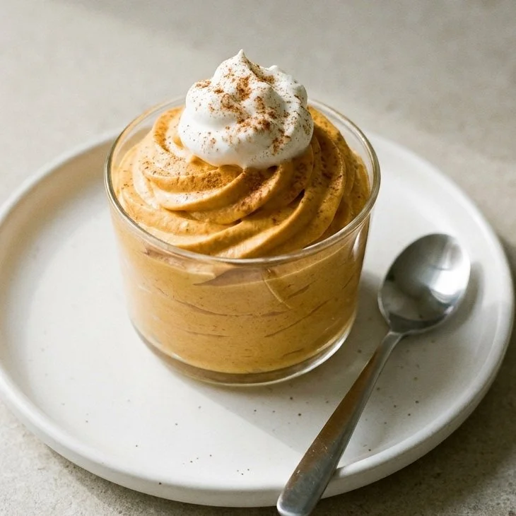 High Protein Pumpkin Cottage Cheese Whip with whipped cream on top in a bowl.
