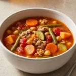 High protein turkey vegetable soup with sweet potato and chickpeas in a bowl