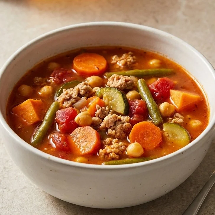 High protein turkey vegetable soup with sweet potato and chickpeas in a bowl