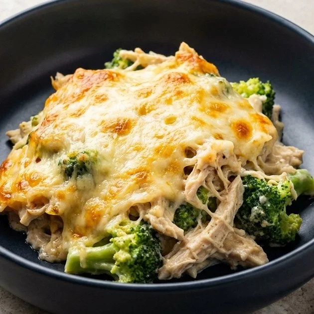 Keto Chicken Broccoli Casserole topped with creamy Alfredo sauce
