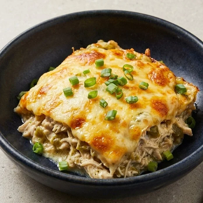 One pan keto chicken enchilada casserole topped with cheese and avocado