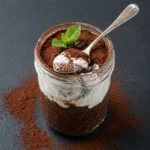 Tiramisu Chia Pudding topped with dusted cocoa and yogurt